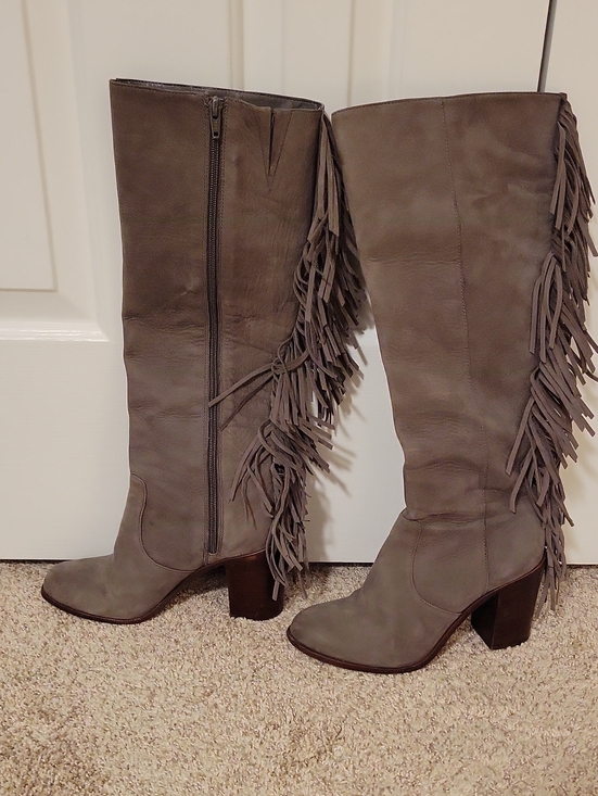 Gianni Bini Shoes - Gianni Bini Gray Fringe Knee-High Heeled Leather Boots